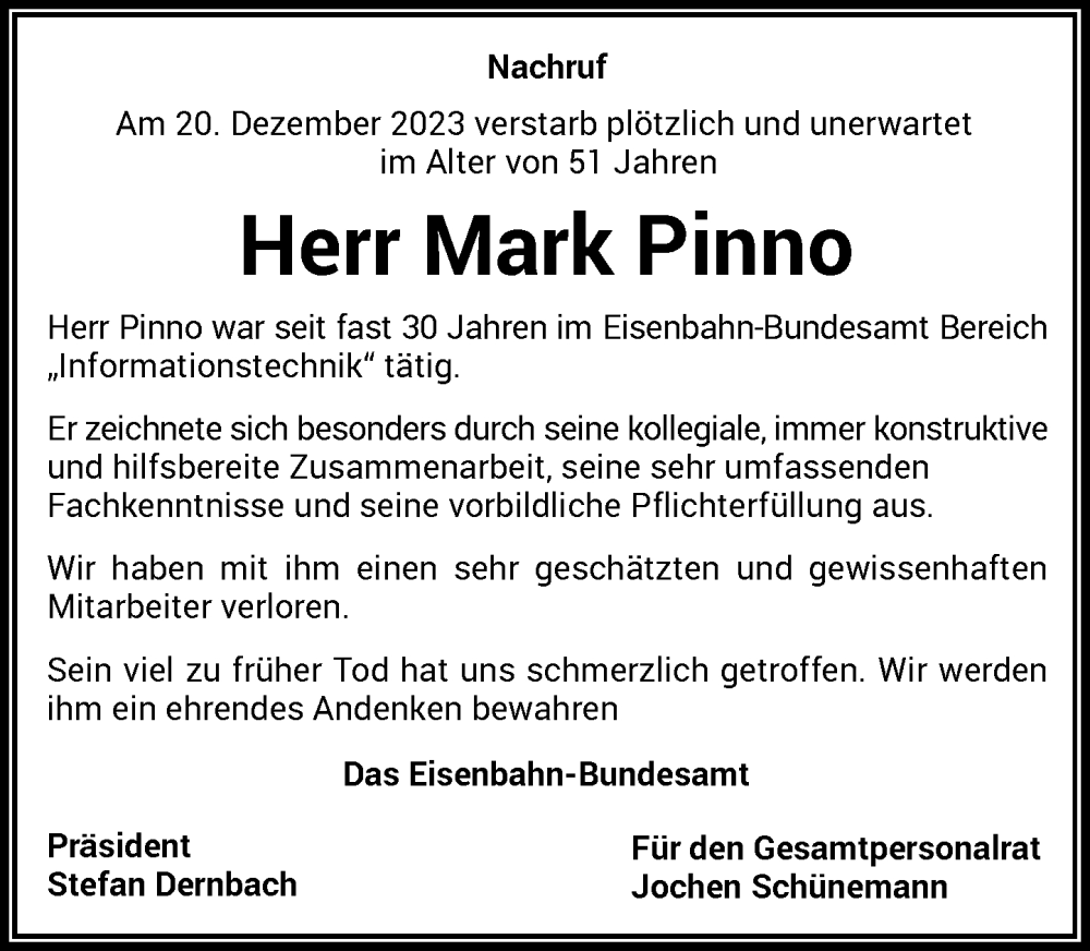  Traueranzeige für Mark Pinno vom 10.01.2024 aus General-Anzeiger Bonn