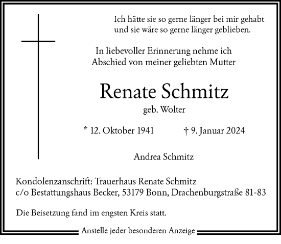 Anzeige von Renate Schmitz von General-Anzeiger Bonn