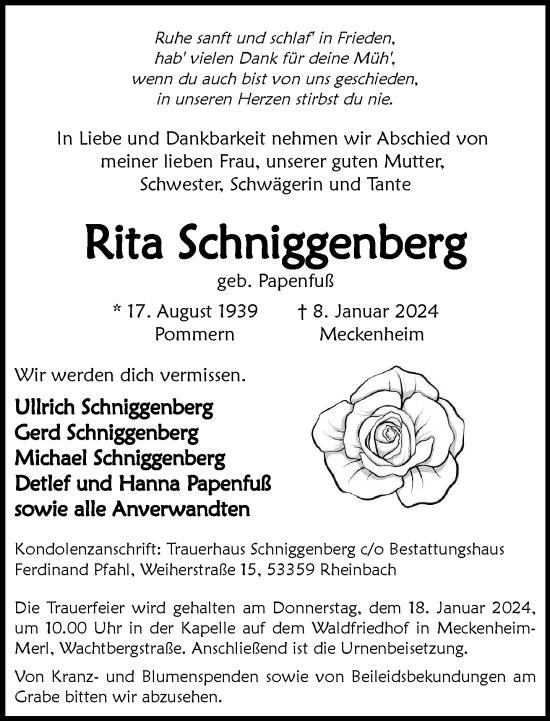 Anzeige von Rita Schniggenberg von General-Anzeiger Bonn