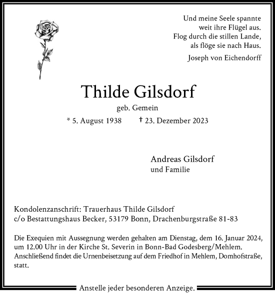 Anzeige von Thilde Gilsdorf von General-Anzeiger Bonn