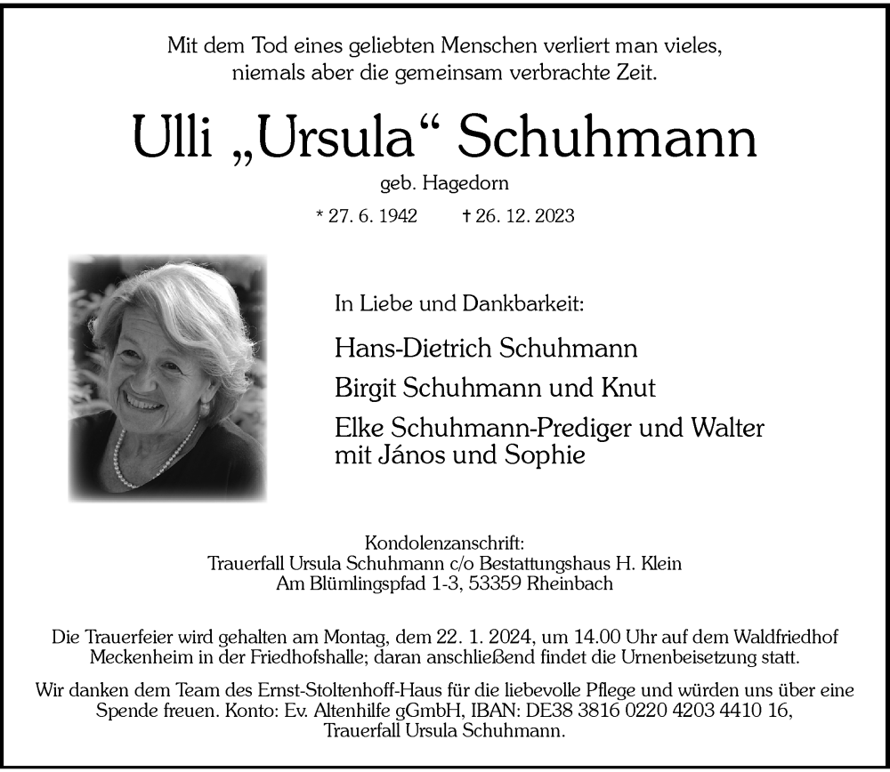  Traueranzeige für Ulli Schuhmann vom 13.01.2024 aus General-Anzeiger Bonn