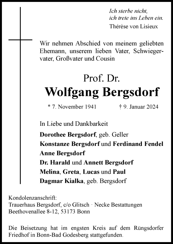 Anzeige von Wolfgang Bergsdorf von General-Anzeiger Bonn