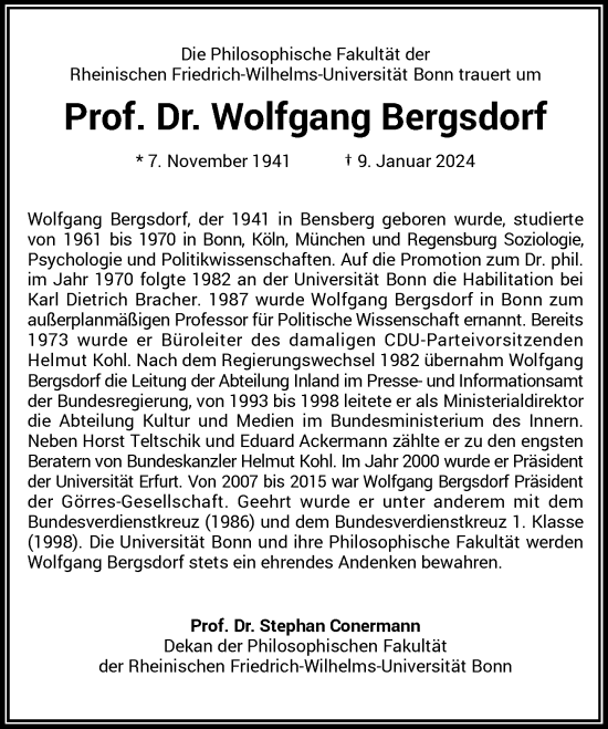 Anzeige von Wolfgang Bergsdorf von General-Anzeiger Bonn