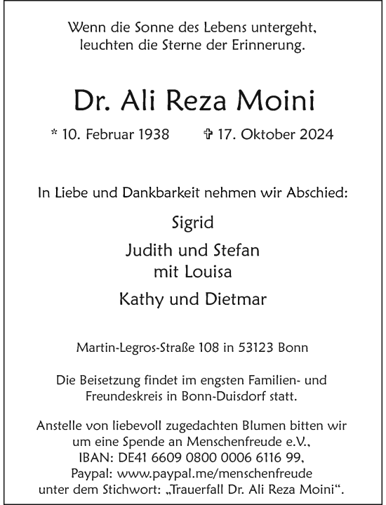 Anzeige von Ali Reza Moini von General-Anzeiger Bonn