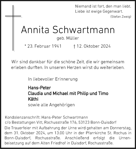 Anzeige von Annita Schwartmann von General-Anzeiger Bonn