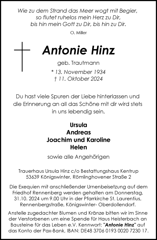 Anzeige von Antonie Hinz von General-Anzeiger Bonn