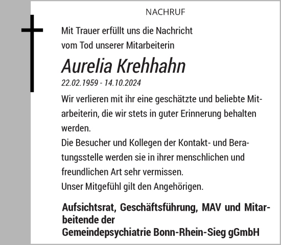 Anzeige von Aurelia Krehhahn von General-Anzeiger Bonn