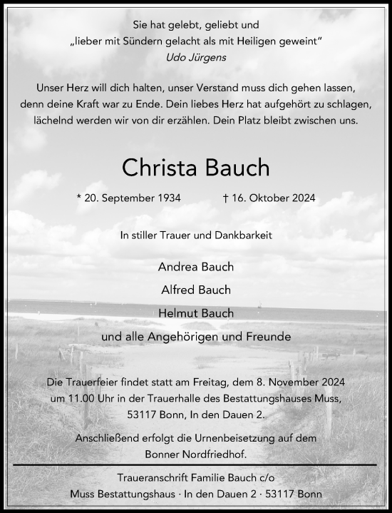 Anzeige von Christa Bauch von General-Anzeiger Bonn