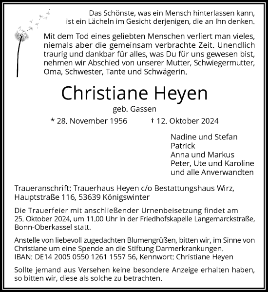 Anzeige von Christiane Heyen von General-Anzeiger Bonn