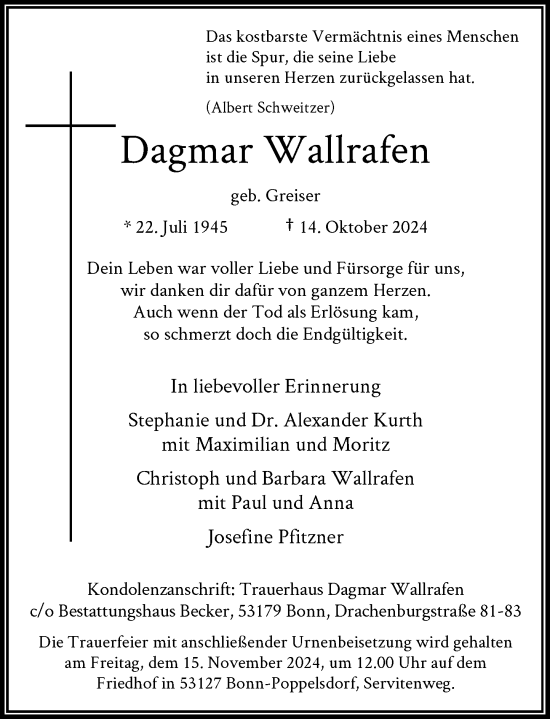 Anzeige von Dagmar Wallrafen von General-Anzeiger Bonn