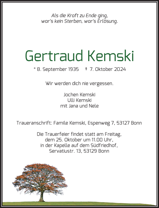 Anzeige von Gertraud Kemski 