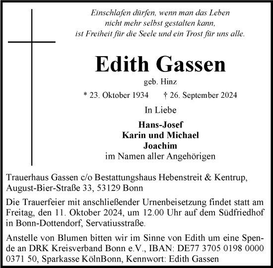 Anzeige von Edith Gassen von General-Anzeiger Bonn