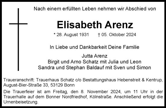 Anzeige von Elisabeth Arenz von General-Anzeiger Bonn