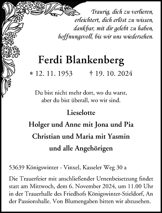 Anzeige von Ferdi Blankenberg von General-Anzeiger Bonn