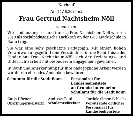 Anzeige von Gertrud Nachtsheim-Nöll von General-Anzeiger Bonn