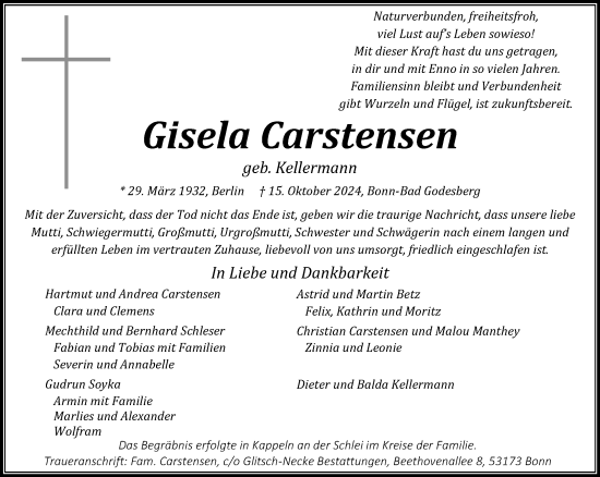 Anzeige von Gisela Carstensen von General-Anzeiger Bonn