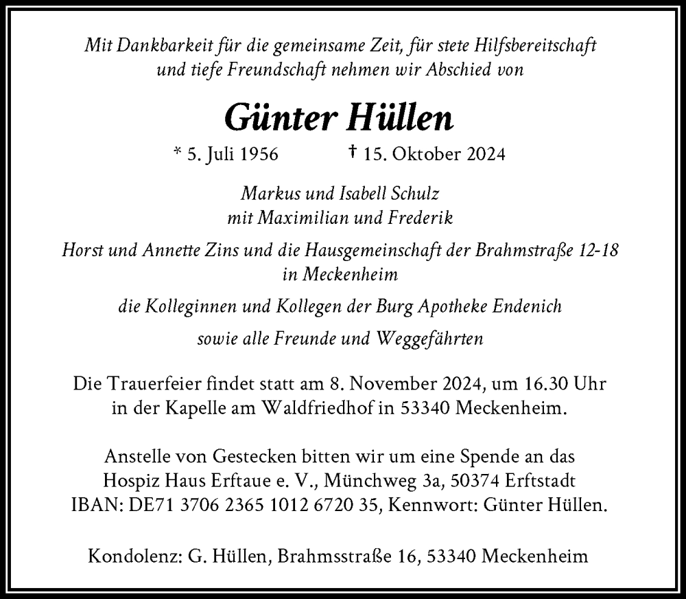  Traueranzeige für Günter Hüllen vom 02.11.2024 aus General-Anzeiger Bonn