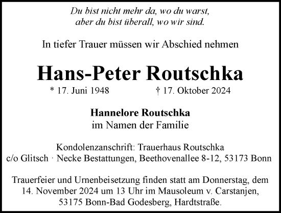 Anzeige von Hans-Peter Routschka von General-Anzeiger Bonn