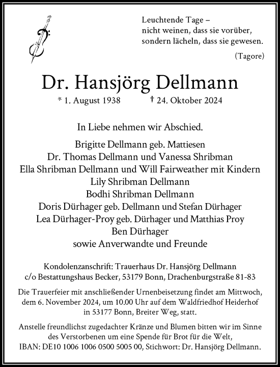 Anzeige von Hansjörg Dellmann von General-Anzeiger Bonn