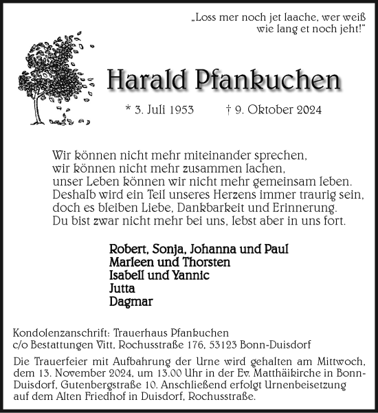 Anzeige von Harald Pfankuchen von General-Anzeiger Bonn