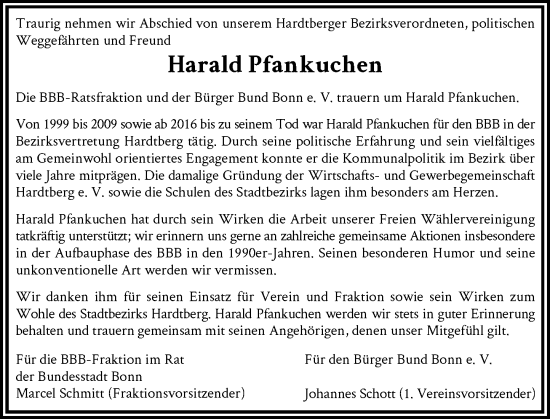 Anzeige von Harald Pfankuchen von General-Anzeiger Bonn