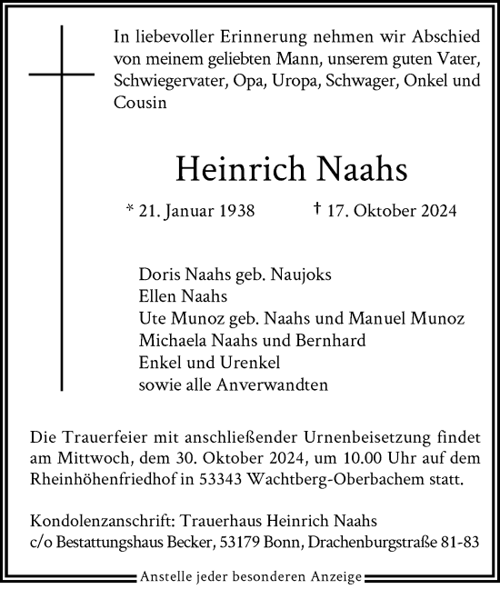 Anzeige von Heinrich Naahs von General-Anzeiger Bonn