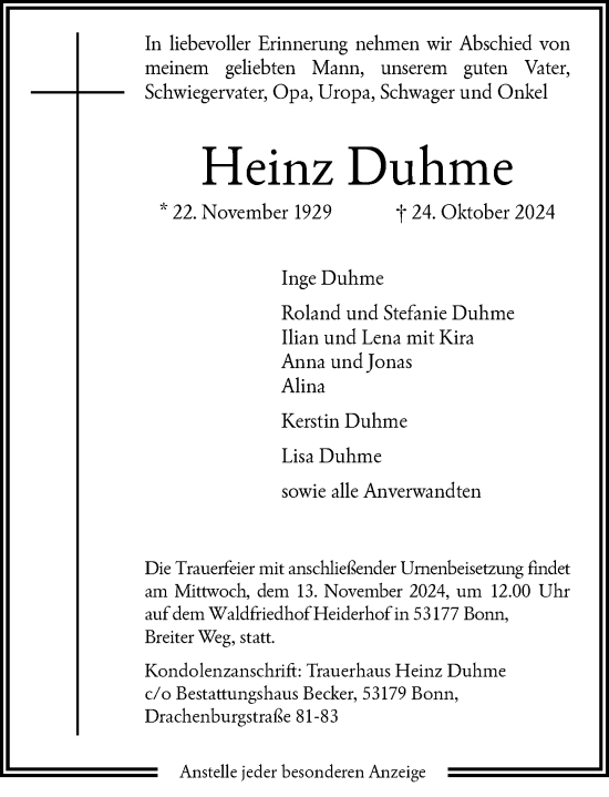 Anzeige von Heinz Duhme von General-Anzeiger Bonn