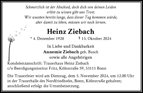 Anzeige von Heinz Ziebach von General-Anzeiger Bonn