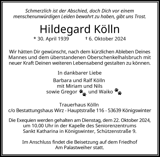 Anzeige von Hildegard Kölln von General-Anzeiger Bonn