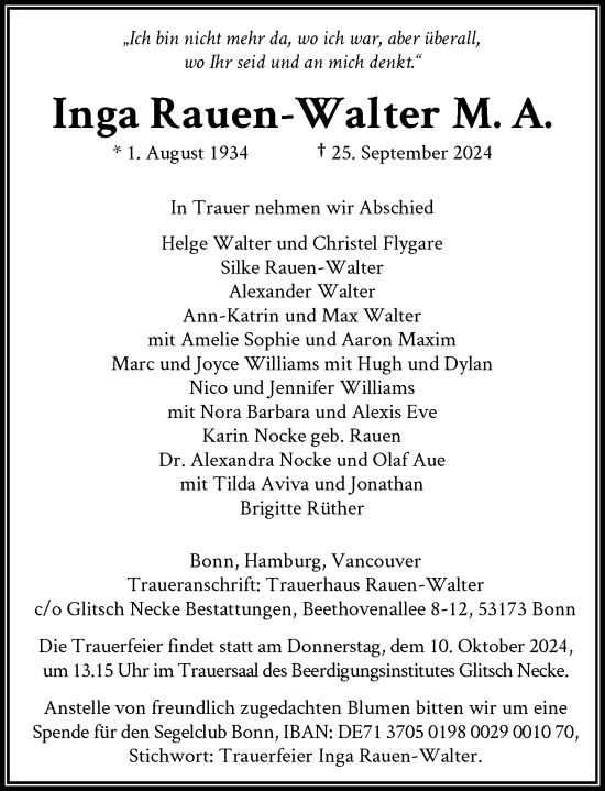 Anzeige von Inga Rauen-Walter von General-Anzeiger Bonn