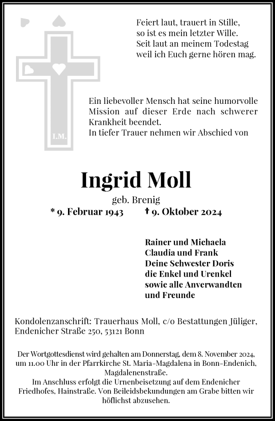 Anzeige von Ingrid Moll von General-Anzeiger Bonn