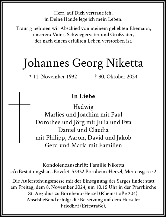 Anzeige von Johannes Georg Niketta von General-Anzeiger Bonn