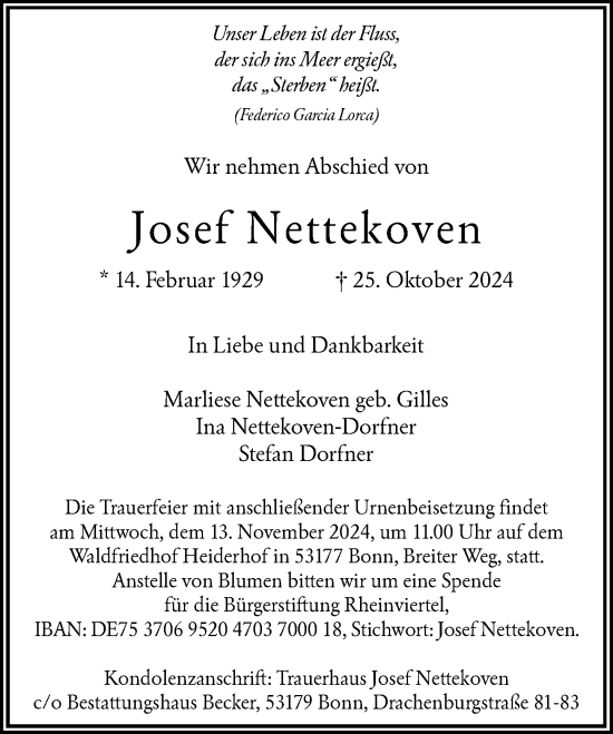 Anzeige von Josef Nettekoven von General-Anzeiger Bonn