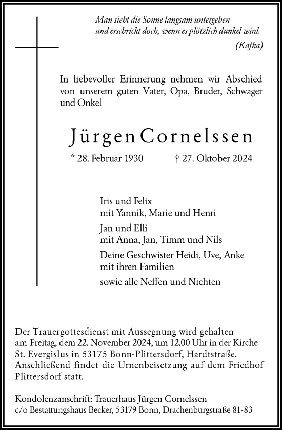 Anzeige von Jürgen Cornelssen von General-Anzeiger Bonn