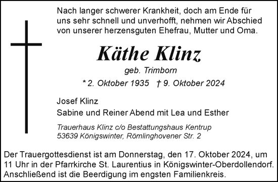 Anzeige von Käthe Klinz von General-Anzeiger Bonn