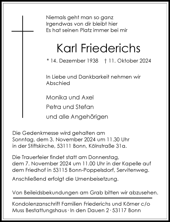 Anzeige von Karl Friederichs von General-Anzeiger Bonn