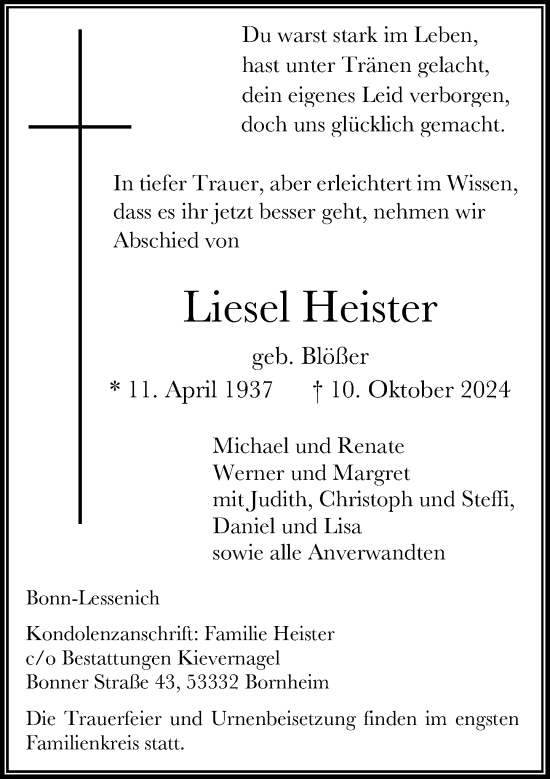 Anzeige von Liesel Heister von General-Anzeiger Bonn