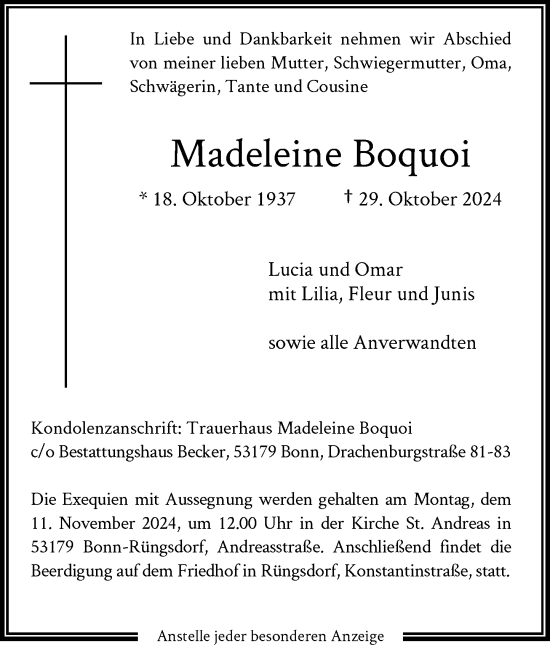 Anzeige von Madeleine Boquoi von General-Anzeiger Bonn