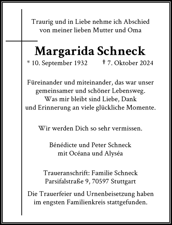 Anzeige von Margarida Schneck von General-Anzeiger Bonn