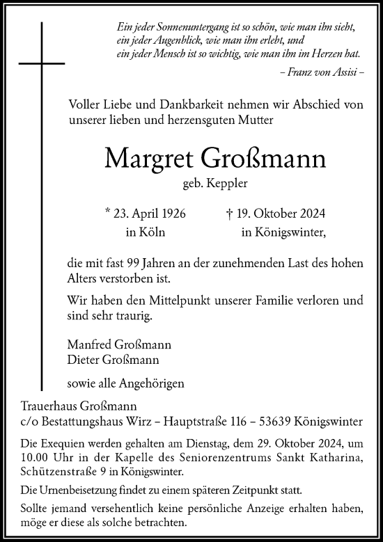 Anzeige von Margret Großmann von General-Anzeiger Bonn