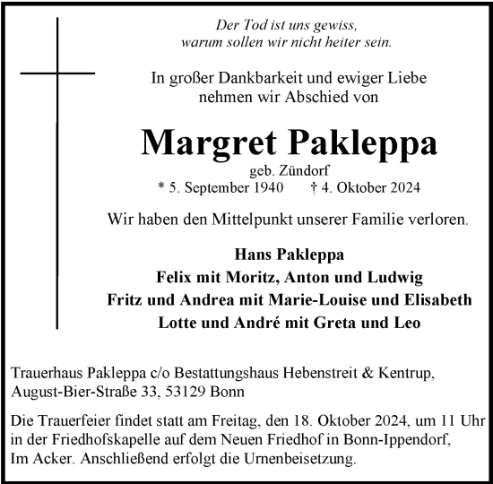 Anzeige von Margret Pakleppa von General-Anzeiger Bonn