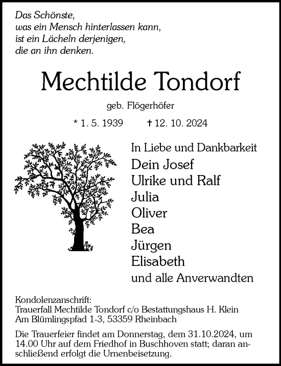 Anzeige von Mechtilde Tondorf von General-Anzeiger Bonn