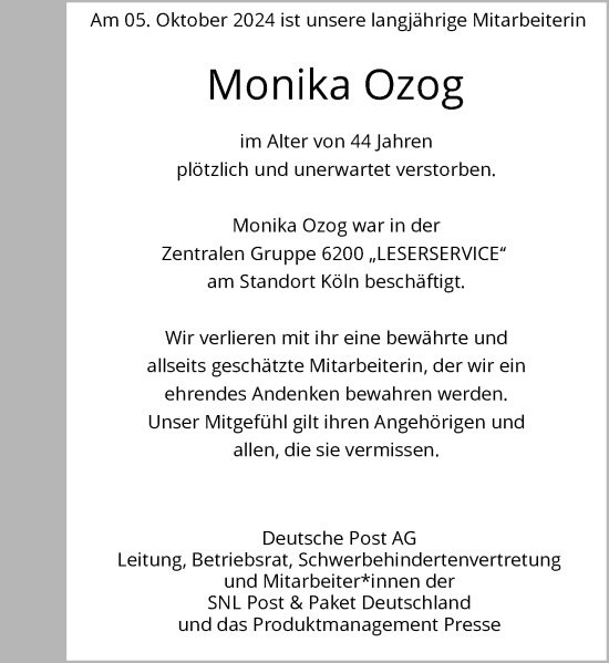 Anzeige von Monika Ozog von General-Anzeiger Bonn