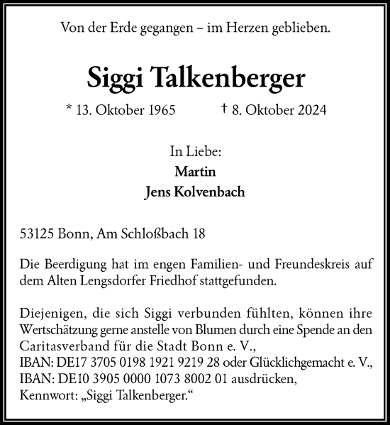 Anzeige von Siggi Talkenberger von General-Anzeiger Bonn