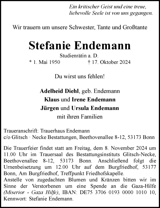 Anzeige von Stefanie Endemann von General-Anzeiger Bonn