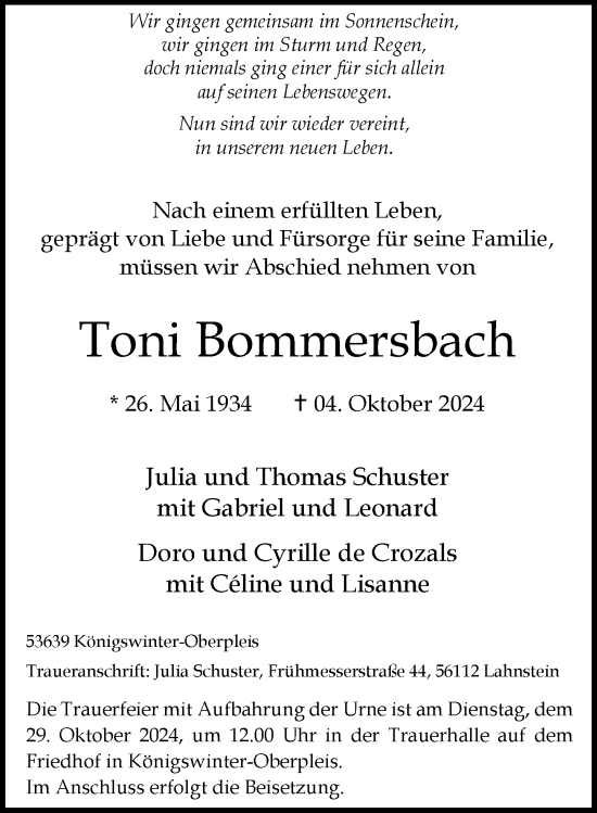 Anzeige von Toni Bommersbach von General-Anzeiger Bonn