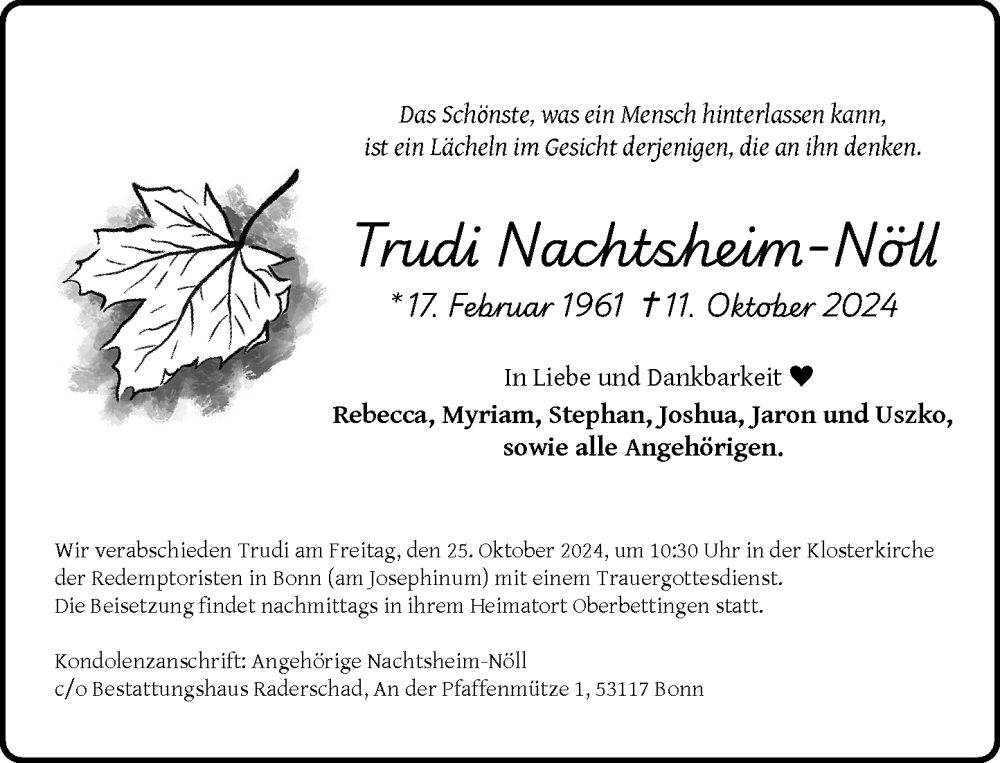  Traueranzeige für Trudi Nachtsheim-Nöll vom 19.10.2024 aus General-Anzeiger Bonn