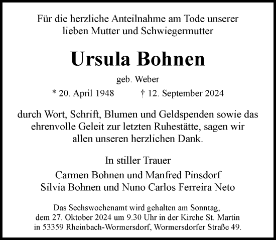 Anzeige von Ursula Bohnen von General-Anzeiger Bonn