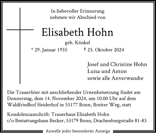 Anzeige von Elisabeth Hohn von General-Anzeiger Bonn