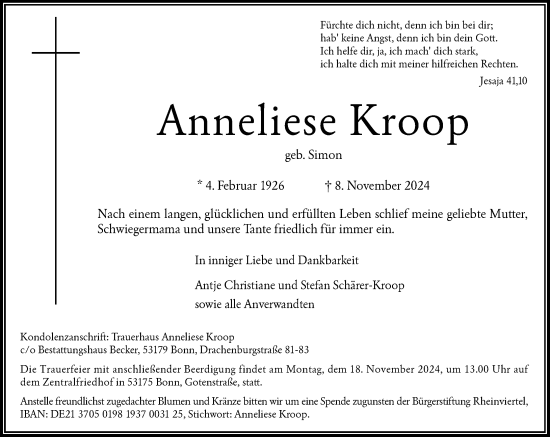 Anzeige von Anneliese Kroop von General-Anzeiger Bonn